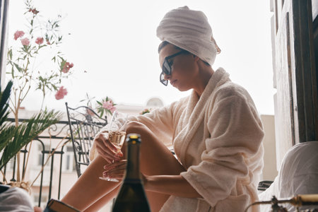 Attractive young woman in bathrobe enjoying champagne while relaxing on the balconyの写真素材