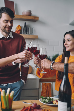 Beautiful young people toasting with wine while spending time at home togetherの写真素材