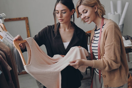Two confident female fashion designers examining clothes while working in workshop
