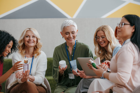 Group of mature women examining beauty products during specialized conferenceの写真素材