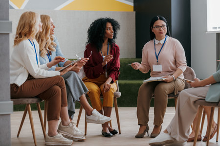 Confident mature women communicating while visiting group training classの写真素材