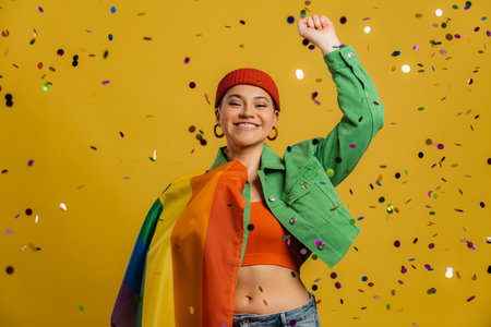 Happy woman carrying rainbow flag and gesturing while confetti flying against yellow backgroundの写真素材
