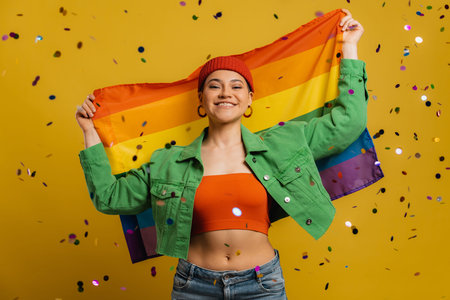 Happy woman carrying rainbow flag while confetti flying around her and against yellow backgroundの写真素材