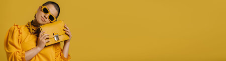 Fashionable young short hair woman leaning head on her trendy bag against yellow background