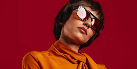 Attractive young short hair woman in trendy glasses standing against red background