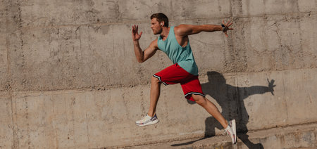 Athletic young man in sports clothing running against concrete wall outdoors