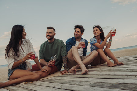 Group of young people talking and smiling while enjoying refreshing cocktails on the beach togetherの写真素材