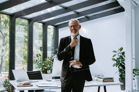 Happy mature businessman adjusting his necktie while standing in the modern office