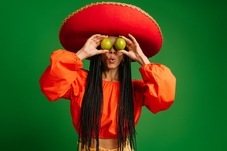 Surprised young Mexican woman in Sombrero covering eyes with fresh limes against green backgroundの写真素材