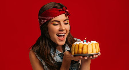 Joyful young woman holding birthday cake and looking at it with smile on red backgroundの写真素材