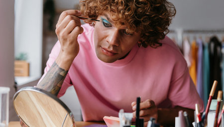 Confident young gay man applying make-up while spending time at homeの写真素材