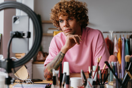 Confident young gay man looking at smart phone camera while recording make-up tutorial from homeの写真素材
