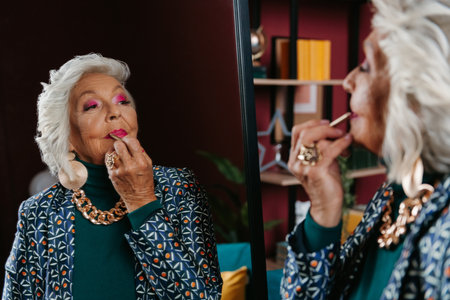 Fashionable senior woman looking confident while applying lipstick in front of the mirror at homeの写真素材