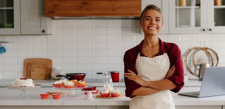 Beautiful female baker looking happy while standing near the kitchen island with variety of sweet foodの写真素材