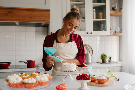 Joyful female baker applying whipped cream while decorating cake at the kitchenの写真素材