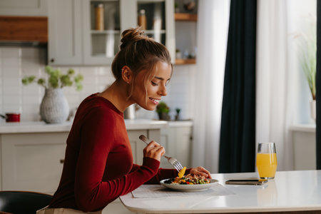 Side view of attractive young woman enjoying healthy food for lunch at the domestic kitchenの写真素材