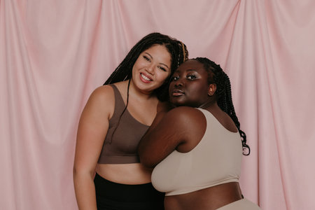 Two beautiful plus size African women in sportswear looking at camera while bonding on backgroundの写真素材