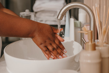 Close-up of plus size African woman covered in towel washing hands at the domestic bathroomの写真素材