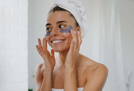 Beautiful young smiling applying eye patches while looking at the mirror in bathroomの写真素材