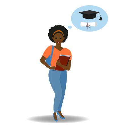 An African student is thinking about going to university. A student dreams of graduation. The concept of graduation from school and the beginning of adulthood. Vector illustration.のイラスト素材