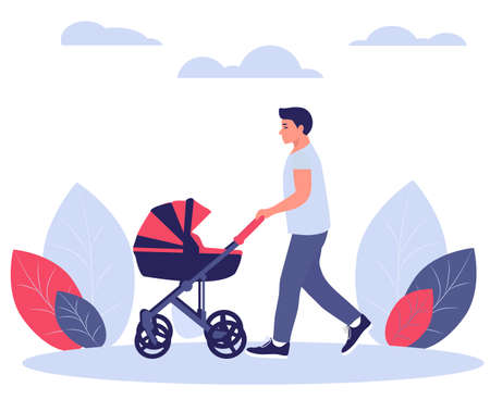 Happy young dad walks with a baby stroller. Concept for Fathers Day. Vector illustration in a flat style.のイラスト素材