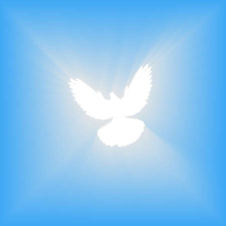Flying dove. Blue background with bright rays. Easter. The symbol of purity. Christian faith. Holy Spirit. Vector illustration.のイラスト素材
