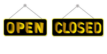 Set of open and closed signs. Signs with rope on a white background. Vector 3D illustration.のイラスト素材