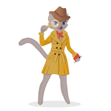 The concept of the Detective Cat with a magnifying glass in a coat and hat. Vector cartoon illustrationのイラスト素材