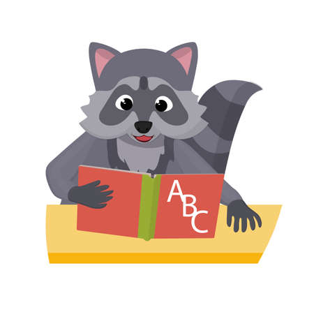 Little cute raccoon sits at a desk and learns from the ABC book. Vector flat illustrationのイラスト素材
