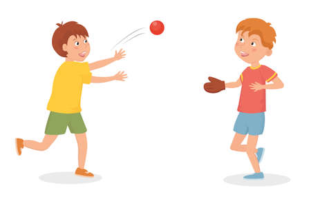 Happy boys play baseball. Vector flat Illustrationのイラスト素材