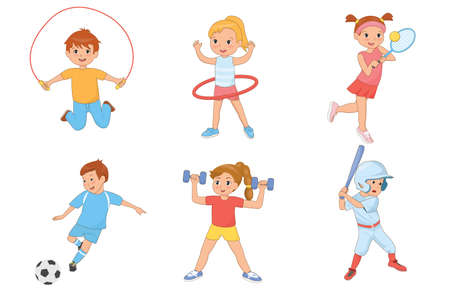 Kids exercising and playing different sports. Vector flat illustration.のイラスト素材