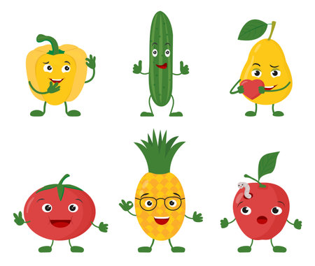 Funni fruit and vegetable character set.Vector flat illustration.のイラスト素材