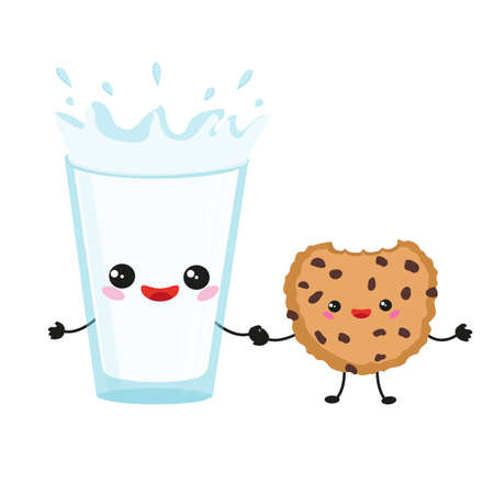 Cute Cheerful glass of milk and cookies. Vector cartoon illustration.のイラスト素材