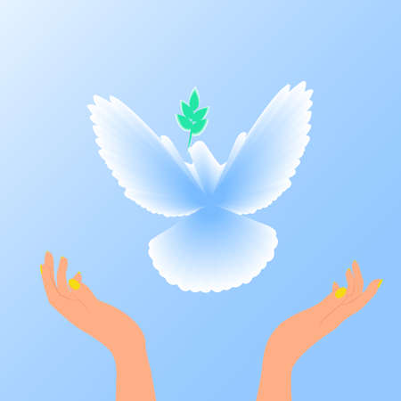 Flying dove. Blue background with bright rays. Easter. The symbol of purity. Christian faith. Holy Spirit. Vectorのイラスト素材