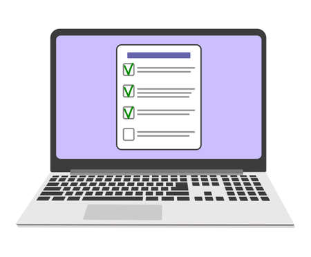 Online surveys form Online exam on screen laptop. Vector flat illustration.のイラスト素材
