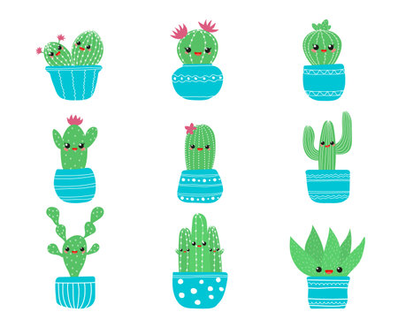 Hand drawn cacti set. Cute succulent character . Vector flat illustrationのイラスト素材