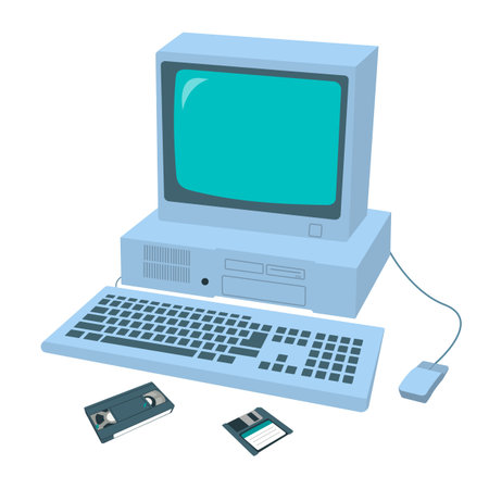 Vintage retro computer monitorwith a floppy disk and videotape lying nearby . Y2K concept . Vector...