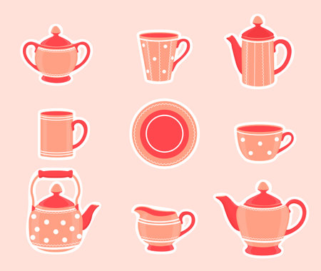 Coffee set or tea set.Tea accessories in the kitchen. Vector cartoon illustrationのイラスト素材