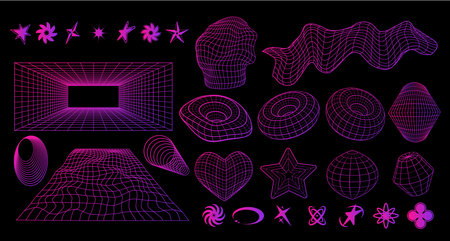 Geometry wireframe 3d shapes and grids. Cyberpunk y2k set in neon pink color. Vector illustration