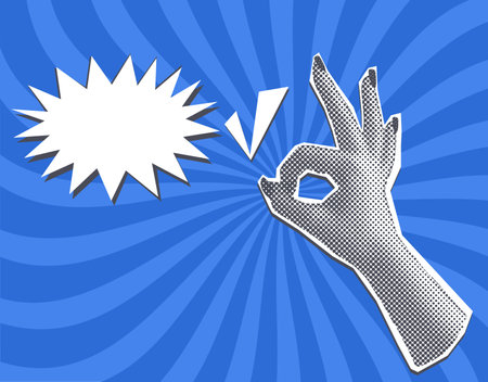 Halftone Collage Female Hand showing ok gesture. Vector illustrationのイラスト素材