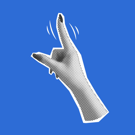 Halftone hand gesture with index finger. Collage graphic element. Vector illustration.のイラスト素材