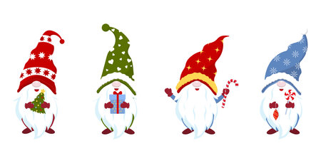 Seamless horizontal pattern with cute hand-drawn Christmas gnomes on a white background .Vector New Year illustration.のイラスト素材