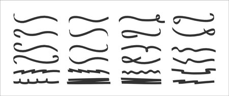 A set of hand lettering with a brush, emphasizing lines. . Ornate swirls, decorative dividers. Underline stroke. Vector collection of design concept elements.のイラスト素材