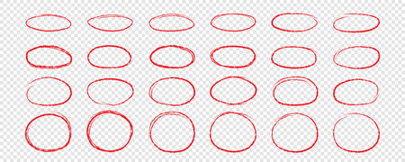 A set of hand-drawn circles. Circle scribbles for passing a note. Circular logo design elements. Graffiti bubble vector illustration drawn with red marker or charcoal .のイラスト素材