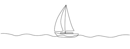 Sailboat in one continuous editable line. Abstract silhouette of sea fishing boat. Concept of sea travel on a yacht. Symbol of tourism business idea. Vector illustration in simple linear styleのイラスト素材