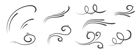 A set of hand drawings of wind lines. Sketches of airflow, swirling elements. Abstract linear movement of air masses, smoke. Vector illustration.のイラスト素材