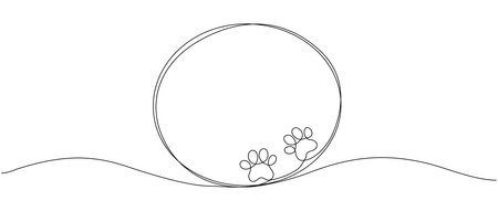 Black circle with dog or cat paw print design drawn with a continuous line. Single line frame icon with paw print vector editable line illustrationのイラスト素材