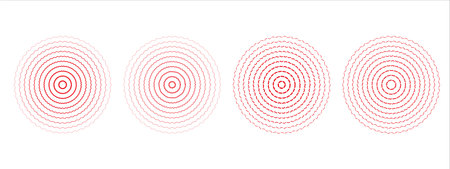 Set of red sound wave rings, of wavy lines, intermittent zigzag lines and dots . Rings with radial lines. Target icon, epicenter. Concentric vortex circles. Vector illustration on transparent backgroundのイラスト素材