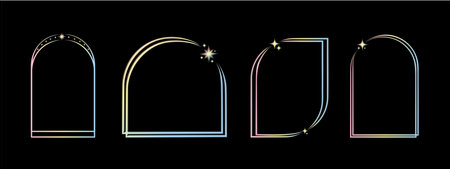 Set of gradient geometric linear shapes y2k aura. Trendy linear design blurred with frame, star. Aesthetic retro vector neon element illustrated for banners, social media, poster design.のイラスト素材