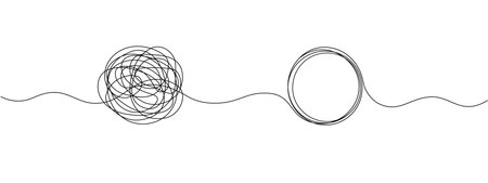 Tangle and unraveling thread of thoughts drawn in one continuous line. Concept of psychotherapy, mental health, problem solving. Vector editable line illustration.のイラスト素材